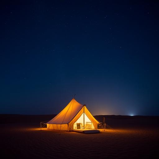 Tenda glamping di lusso illuminata di notte sotto un cielo stellato.